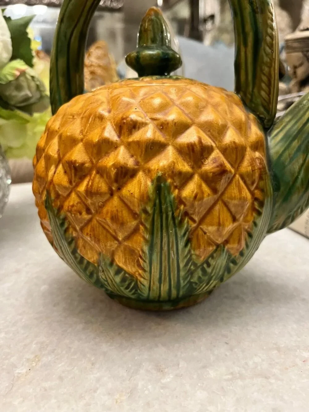 vintage Pivaoni textured pineapple green glazed handle and spout teapot